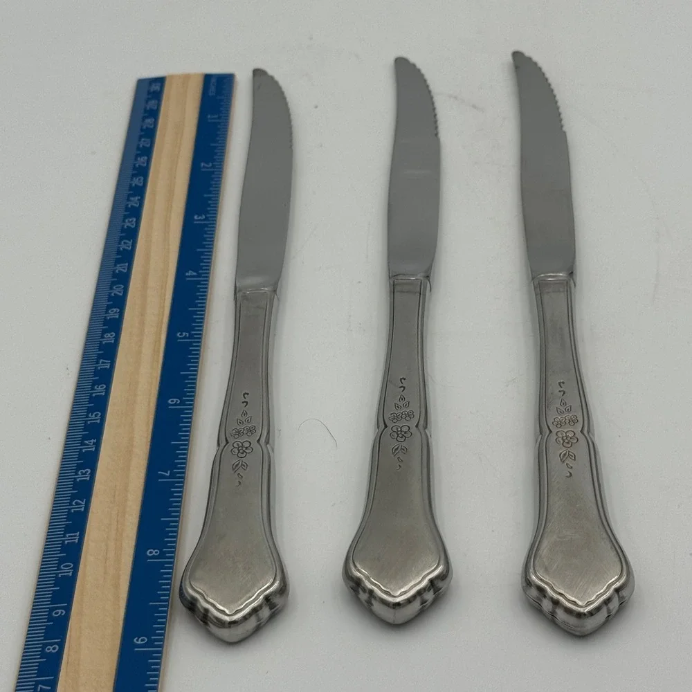Vintage Stainless Steel Floral Etched Dinner Knives Set of 3 Serrated 9 Inch